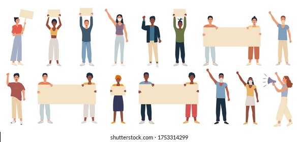 Big collection of protesting multicultural people holding blank placard banner for text. Hand fist raised up. Protest of diversity of different nationality people. Flat vector illustration. 