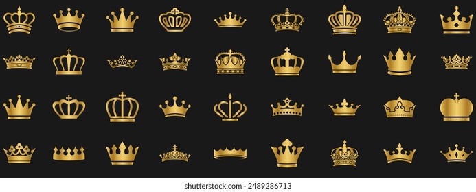 Big collection quality Golden crowns. Gold Crown icon set. Collection of crown silhouette. Gold Crown vector collection, royal luxury symbols. Crown icon set. leadership award, victory symbol.