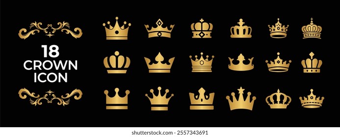 Big collection quality Golden crowns. Gold Crown icon set. Collection of crown silhouette. Gold Crown vector collection, royal luxury symbols. Crown icon set. leadership award, victory symbol.