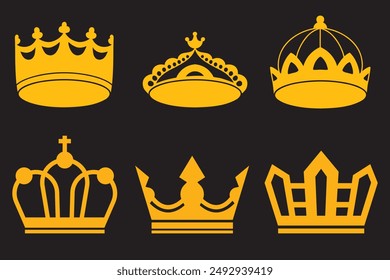 Big collection quolity crowns. Crown icon set. Collection of crown silhouette, Set of realistic golden royal crowns decorated with precious stones heraldic shield and crossed swords isolated vector