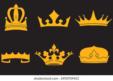 Big collection quolity crowns. Crown icon set. Collection of crown silhouette, Set of realistic golden royal crowns decorated with precious stones heraldic shield and crossed swords isolated vector