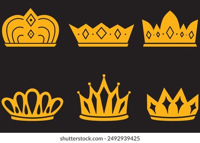 Coronas de gran calidad de colección. Conjunto de iconos de corona. Colección de silueta de corona, Conjunto de coronas reales reales doradas realistas decoradas con piedras preciosas escudo heráldico y espadas cruzadas Vector aislado