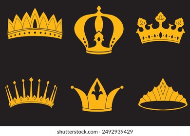 Coronas de gran calidad de colección. Conjunto de iconos de corona. Colección de silueta de corona, Conjunto de coronas reales reales doradas realistas decoradas con piedras preciosas escudo heráldico y espadas cruzadas Vector aislado