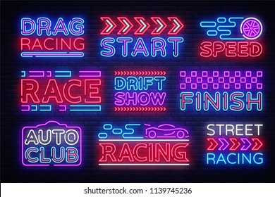 Big collection Racing neon sign vector design template. Street Racing neon text, light banner design element colorful modern design trend, night bright advertising, bright sign. Vector illustration