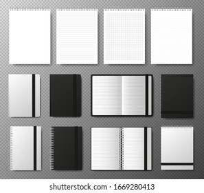 Big collection realistic blank black open and closed copybook template with elastic band and bookmark on transparent background. Four realistic notebooks lines and dots paper page. Vector illustration