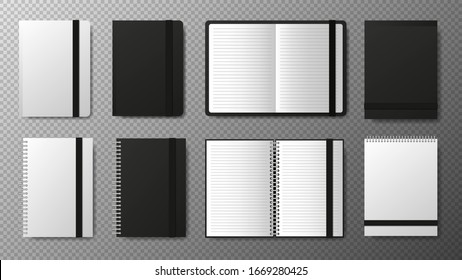 Big collection realistic blank black open and closed copybook template with elastic band and bookmark on transparent background. Gorizontal and vertical objects. Notebook Vector illustration.