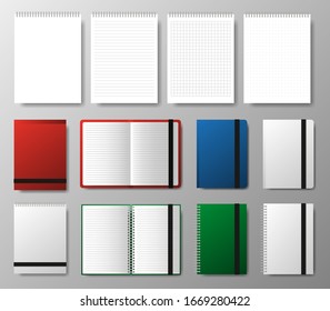 Big collection realistic blank of different color open and closed copybook template with elastic band and bookmark on transparent background. Four realistic notebooks lines and dots paper page. Vector