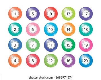 Big collection of realistic isolated bingo and lottery balls with numbers (1-20). Multicolored objects for banners, cards, posters, tickets. Vector illustration