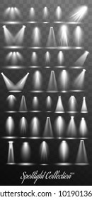 Big Collection Realistic white Scene illumination, theater studio, business presentation spotlights , special effects on transparent background.