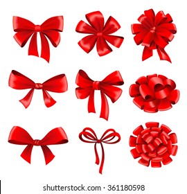 Big collection of red gift bows with ribbons. Vector illustration. 