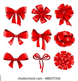 Big collection of red gift bows with ribbons. Vector illustration. 