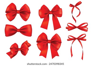 Big collection of red ribbons and red bows on white background. Illustrations and vectors