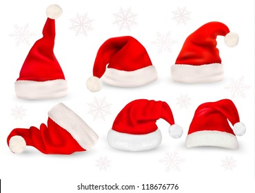 Big Collection Of Red Santa Hats. Vector.