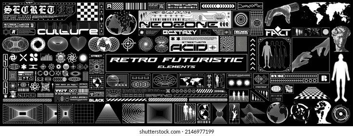 Big collection of retro futuristic elements for design. Abstract set of frames, 3d shapes, wireframe, cyberpunk windows and perspective grids. Blanks for a poster, banner, business card, sticker