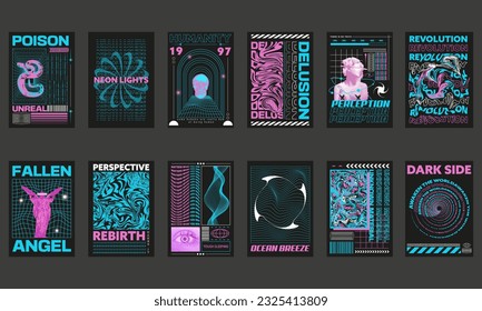 Big collection of retro futuristic posters isolated on black background.Trendy brutalism style.Geometric shapes and abstract forms.Abstract print design for street wear, t-shirts and sweatshirt.Vector