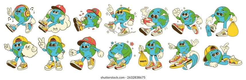 Big collection of retro groovy characters planet earth. Mascot Characters in various poses. The concept of protecting the environment and the planet. Vintage art style 70s.	
