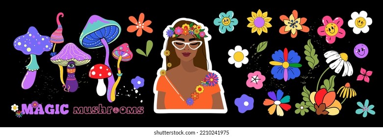 Big collection Retro pop art stickers from the 70s. Mushrooms, Hippie girl and flowers. Vector vintage illustration for postcards, t-shirt design