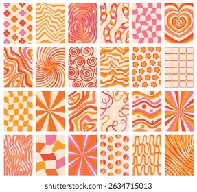 Big collection of retro vector summer backgrounds with simple and fun patterns. Vintage aesthetic, psychedelic textures for textile, posters, covers, banners, or branding.