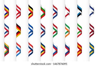 Big collection of ribbons with colors of europe states, modern wavy apperance, simple symbols isolated on a white background