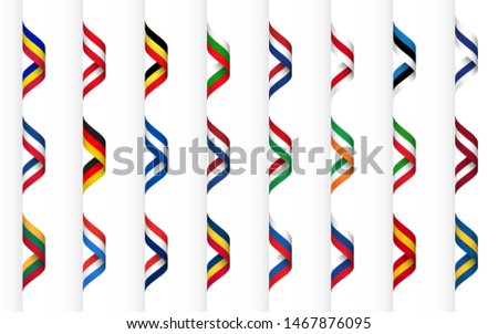 Big collection of ribbons with colors of europe states, modern wavy apperance, simple symbols isolated on a white background