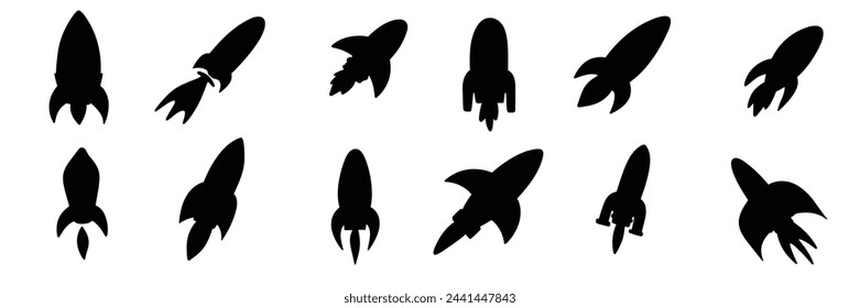 Big collection of rocket silhouettes. Hand drawn vector art.