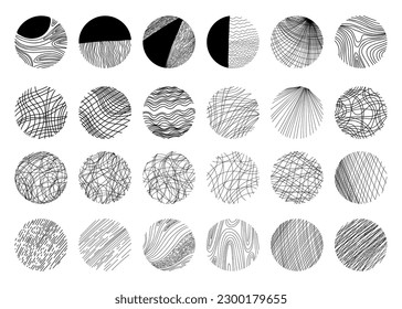 Big collection of round linear abstract backgrounds or patterns. Vector illustration. Hand drawn doodle shapes. Lines, curves, spots,tangled line and hatching. Modern trendy isolated design element