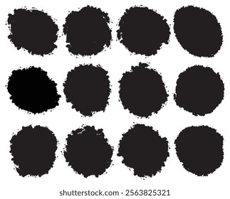 Big collection of rounded grunge badge brush, ink brush strokes, box, dirt artistic elements. Oval black paint ink circle frame. Vector black paint brush set. Round brush stroke paint boxes