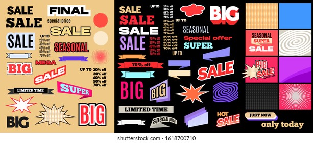 Big collection of sale banner elements. Different colorful text and shapes for creating an advertising poster.