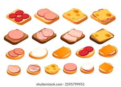 Big collection of sandwiches with sausage meat and cheese, in different varieties. Open sandwich ready for breakfast. Fast Food dishes. Isometric view. Vector illustration isolated on white background