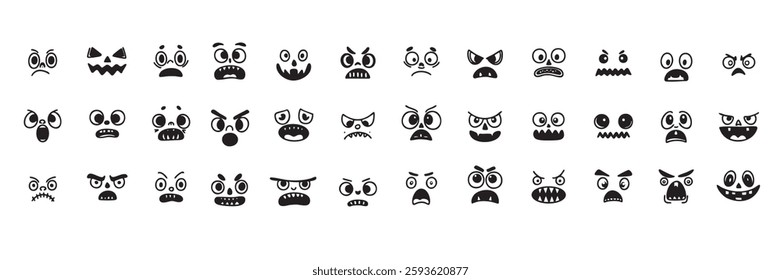 Big collection of scary and funny faces in doodle style. Hand drawn vector art