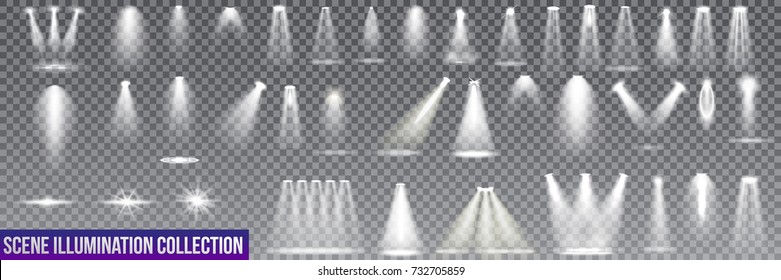 Big collection scene illumination on transparent background. stage illuminated spotlight. Vector illustration.