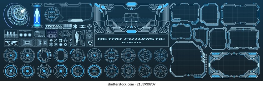 Big collection scifi retro futuristic elements. Set of digital circle, portal, hud, interface screen, video game frame and perspective grids. Blanks for a poster, banner, business card, sticker