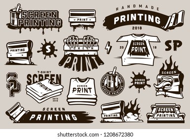 Big Collection Of Screen Printing Elements With Industrial Equipment Blots