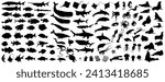 Big collection of sea animals. More than 100 silhouettes of various types of sea animals. Vector illustration