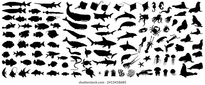 Big collection of sea animals. More than 100 silhouettes of various types of sea animals. Vector illustration