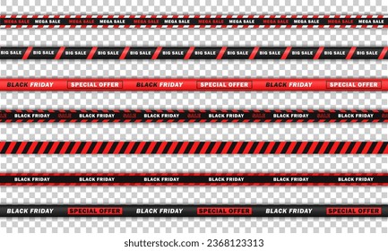 Big collection of seamless bright red realistic ribbons with text - big sale, Black Friday. Endless barricade tapes, discount stripes for online shopping isolated on transparent background