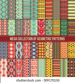 Big collection of seamless colorful retro patterns. Hipster geometric style design. Tribal ethnic motives. Vector illustration.