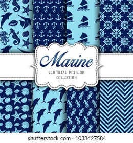 Big collection of seamless patterns with marine elements. Vector illustration for your design