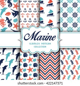 Big collection of seamless patterns with marine elements