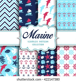 Big collection of seamless patterns with marine elements