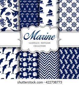 Big collection of seamless patterns with marine elements. Vector  illustration for your design