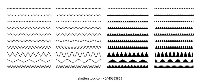 Big collection of seamless wavy lines. Graphic design elements. Outline sign border element kit. Page Decoration linear icon paper break, book decoration. 