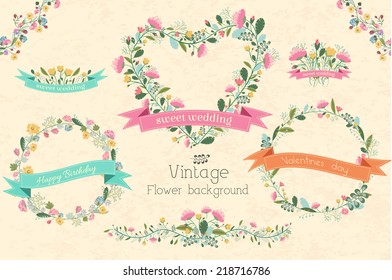 big collection set of circle shape and heart frame flower with ribbon invitation for greeting card. Vector illustration concept design