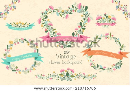 big collection set of circle shape and heart frame flower with ribbon invitation for greeting card. Vector illustration concept design
