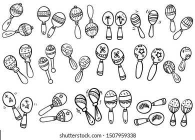 A big collection or a set of colorful maracas. Coloring page, Coloring book. Contour. Cartoon Maracas on white background. Musical instrument Mexico maracas. Vector illustration. - Vector