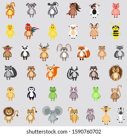 Big collection set of cute farm, domestic, wild and safari animals isolated on gray background. Stock vector illustration for children's books, for stickers, decor and design, for textiles and more.