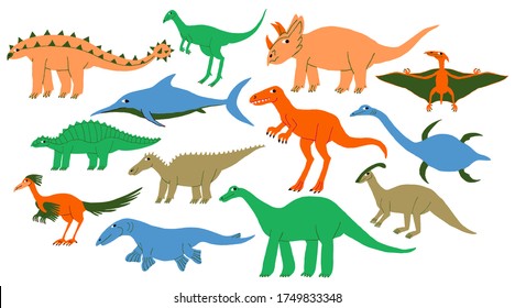 Big collection set of different types dinosaurs. Land, marine, flying dino. Cute Extinct jurassic reptiles lizards. Fun colorful design. Flat style drawing. Trendy stock vector illustration.