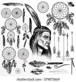 Big collection or set of hand drawn tribal elements feathers  dream-catchers arrows and others