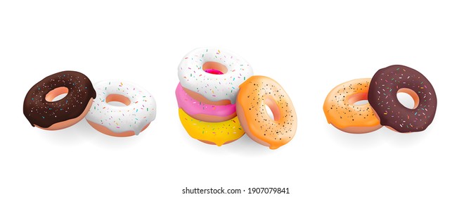 Big Collection Set of Realistic 3d sweet tasty donuts with different colour icing isolated on white background. Vector illustration