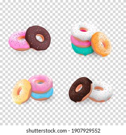 Big Collection Set of Realistic 3d sweet tasty donuts with different colour icing isolated on transparent background. Vector illustration